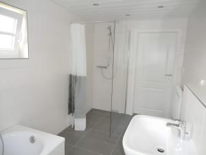 a bathroom with a shower and a toilet and a sink at Ferienhaus Drelsdorfer Forst in Drelsdorf +20 photos