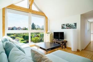 a living room with a blue couch and a large window at Bnb Au Petit Ruisseau in Plobsheim