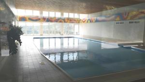 a swimming pool in a building with a large window at Appartement Simonhöhe mit Pool in Zirkitz