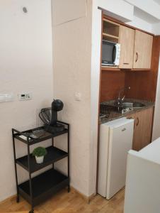 a small kitchen with a white refrigerator and a sink at Unique apartahotel 2-1 in Torrevieja