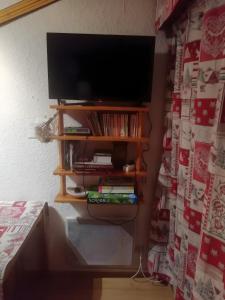 a flat screen tv on a shelf with books at Studio Pathabac in Auris +6 photos