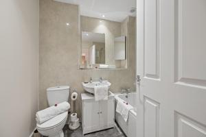 a bathroom with a toilet and a sink and a mirror at Lees Apartment in Coatbridge