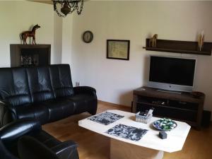 a living room with a black leather couch and a tv at Ferienwohnung Koppelblick in Plattenburg