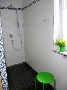 a shower with a green stool in a bathroom at Ankerhaus mit Sauna und Kamin in Karlshagen