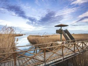 a wooden bridge with an umbrella next to a river at Casa Cinta in Deltebre
