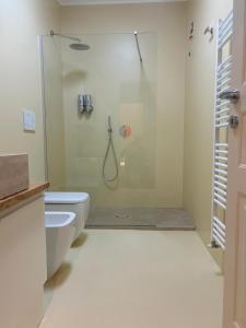 a bathroom with a shower and a white toilet at Suite di Bianca in Foligno