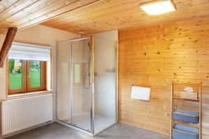 a shower in a room with a wooden wall at Penthouse im Bauernhaus in Kötschach +30 photos