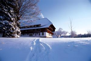 a building with a pile of snow in front of it at Ferienhaus Völkle in Hinterzarten