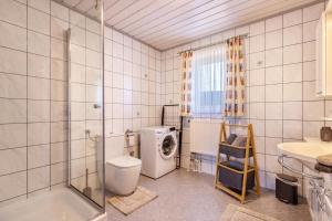 a bathroom with a toilet and a shower and a sink at Alte Schmiede in Kuden +16 photos