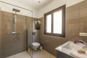 a bathroom with a shower and a toilet and a sink at Villa Bumortu in Olmeto