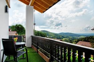 a balcony with a table and chairs and a view at Chalet Sonnenwald in Grattersdorf