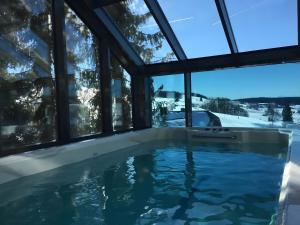 a swimming pool in a house with windows at Hotzenwald in Ibach