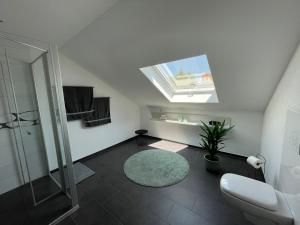 a bathroom with a shower and a toilet and a skylight at Hegaublick in Stockach