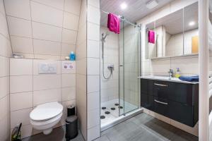 a bathroom with a shower and a toilet and a sink at Fewo Heimathafen in Osterbruch +19 photos