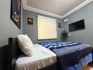 a bedroom with a bed and a flat screen tv at Max Horizon in Ikeja