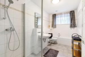 a bathroom with a shower and a sink and a toilet at Julia's Ferienwohnung in Gallin +15 photos
