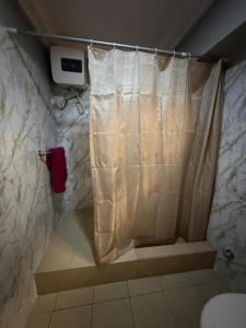 a shower with a shower curtain in a bathroom at Max Horizon in Ikeja
