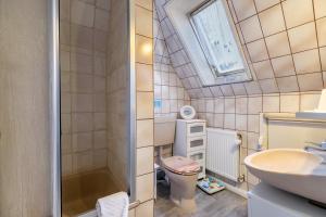 a small bathroom with a toilet and a sink at Erholung Pur in Hennstedt +19 photos