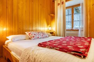 a bed in a room with wooden walls and a window at Agritur Solasna in Caldes