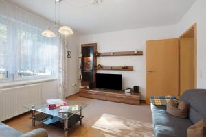a living room with a couch and a tv at Haus Monika in Todtmoos
