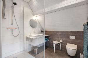 a bathroom with a sink and a toilet and a shower at Ferienwohnung Dashaus in Rheinfelden +18 photos