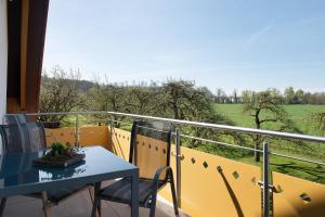 a balcony with a table and a view of a field at Enderle in Uhldingen-Mühlhofen