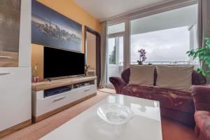 a living room with a large television and a couch at Harz Stube in Goslar