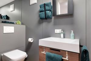 a bathroom with a white sink and a toilet at Schwarzwald Chalet Achern in Achern