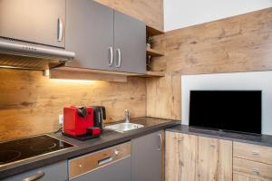 a kitchen with wooden cabinets and a sink and a tv at Apart Bergtraum Ried - Typ 1 in Ried im Oberinntal +15 photos