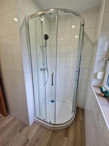 a shower with a glass door in a bathroom at Haus Rose in Kaisersberg +19 photos