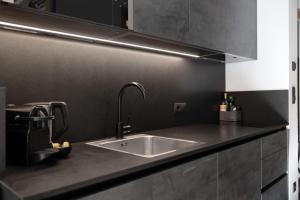 a kitchen with a sink and a counter top at Chalet-Suite Wiese in Selva dei Molini +19 photos