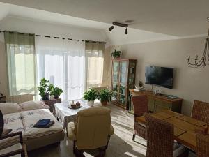 a living room with a couch and a table at Hörselberg Apartment in Hörselberg-Hainich