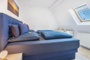 a blue couch with pillows on it in a room at Ferienwohnung Stella Maris in Carrenzien