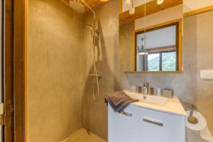 a bathroom with a sink and a shower at Chambre d'hôte Gite Passoud in Oz