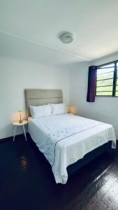 a bedroom with a large white bed with a window at Badumetsie cottage in Durban +10 photos