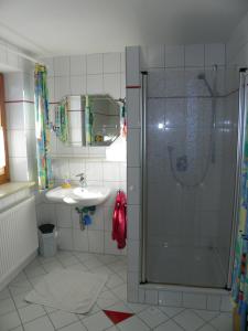 a bathroom with a shower and a sink at Haus Schwärzler in Stiefenhofen