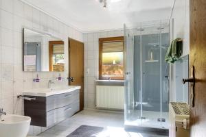 a bathroom with a glass shower and a sink at Gemütliche Ferienhaus am Main in Gemünden +48 photos