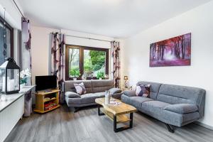 a living room with two couches and a tv at Ferienwohnung Astrid in Sundern