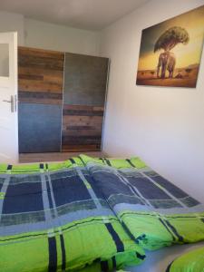 a bed with green and blue sheets in a bedroom at Ferienwohnung in Hof Saale in Hof