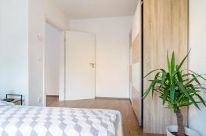 a bedroom with a bed and a potted plant at Ferienwohnung Inzigkofen in Inzigkofen +12 photos