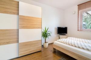 a bedroom with a bed and a tv at Ferienwohnung Inzigkofen in Inzigkofen