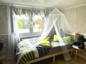 a bedroom with a bed with a mosquito net at kernsaniertes Ferienhaus Anna in Durlangen