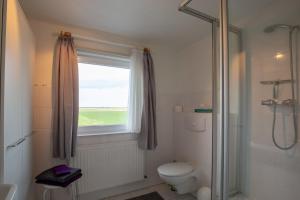 a bathroom with a shower and a toilet and a window at Vogelhus Yvonne Vogel in Pellworm