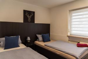 a bedroom with two beds and a window at Ferienwohnung Morgentau in Germersheim
