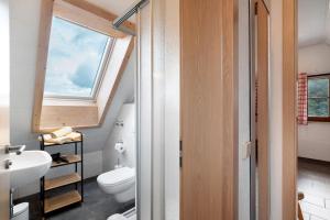 a bathroom with a toilet and a window at Löcherhansenhof in Bad Peterstal-Griesbach +186 photos