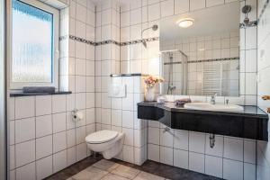 a bathroom with a toilet and a sink at Schwalbennest in Buschvitz +6 photos