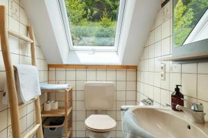 a bathroom with a toilet and a sink and a window at Ferienwohnung Glashütte in Sankt Märgen +22 photos