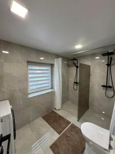 a bathroom with a toilet and a shower and a window at kambariu nuoma in Dovilai