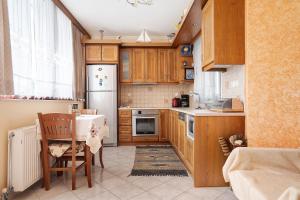 a kitchen with wooden cabinets and a white refrigerator at Lakis Apartment in Meganisi