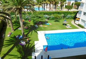 an overhead view of a swimming pool with palm trees at Super Front Line Modern New Apartm in Nerja